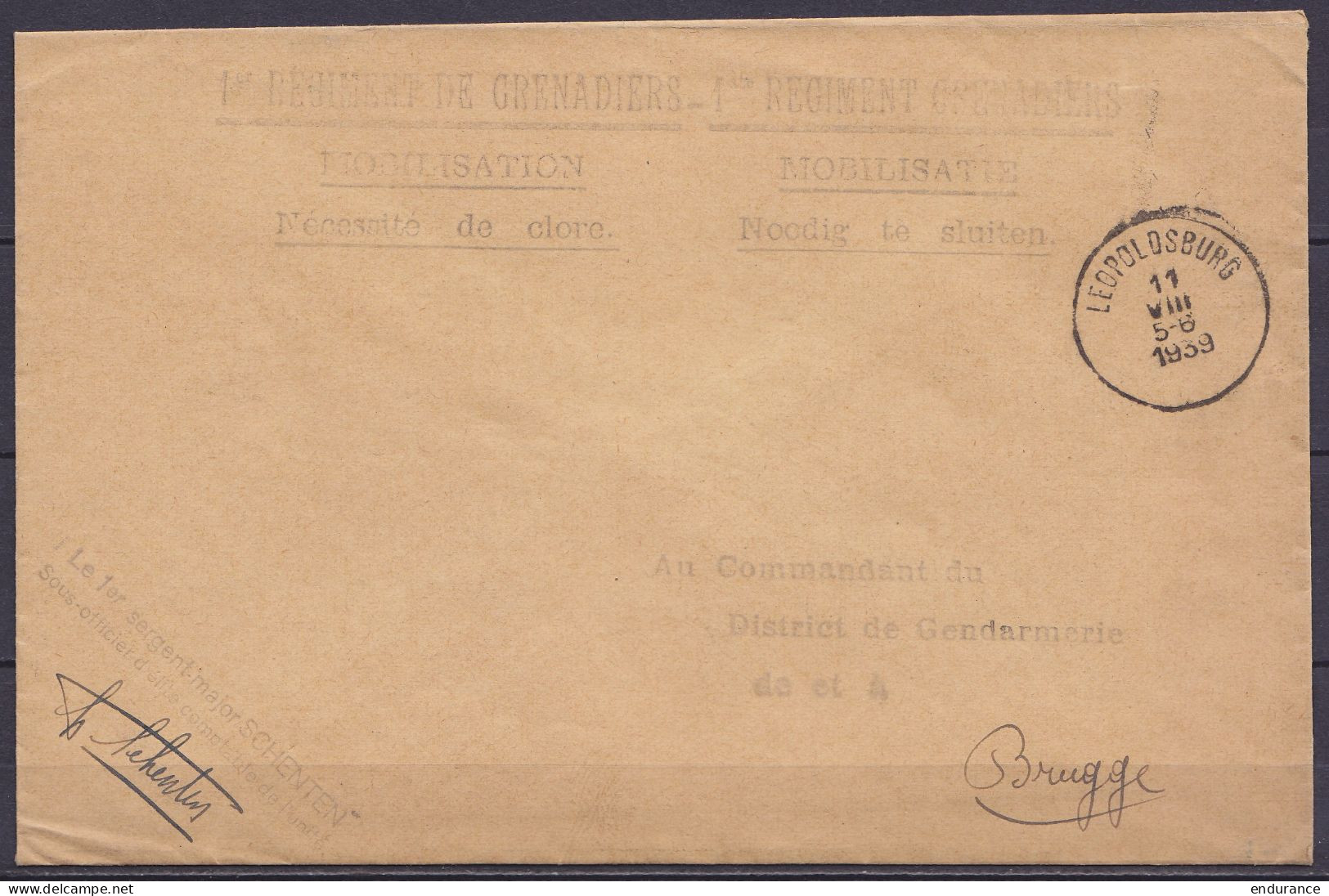 Env. En Franchise S.M. Armée Belge Càd LEOPOLDSBURG /11 VIII 1939 Pour Gendarmerie De BRUGGE - Cachet "1er REGIMENT DE G - Weltkrieg 1939-45 (Briefe U. Dokumente)