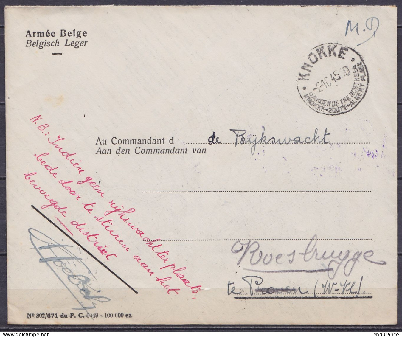 Env. "Armée Belge" En Franchise S.M. Càd KNOKKE /-2-10.1945 Pour Gendarmerie à PROVEN Réexpédiée à ROESBRUGGE (au Dos: C - Guerra 40 – 45 (Cartas & Documentos)