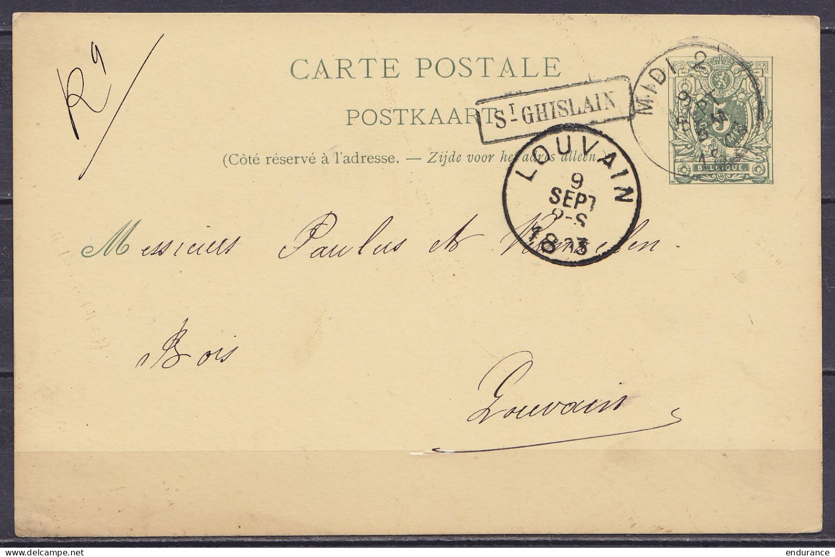 EP CP 5c Vert-gris (type N°45) Càd Ambulant  "MIDI 2 /9 SEPT 1893" Pour LOUVAIN - Griffe [St-GHISLAIN] & Càd Arrivée LOU - Postcards 1871-1909