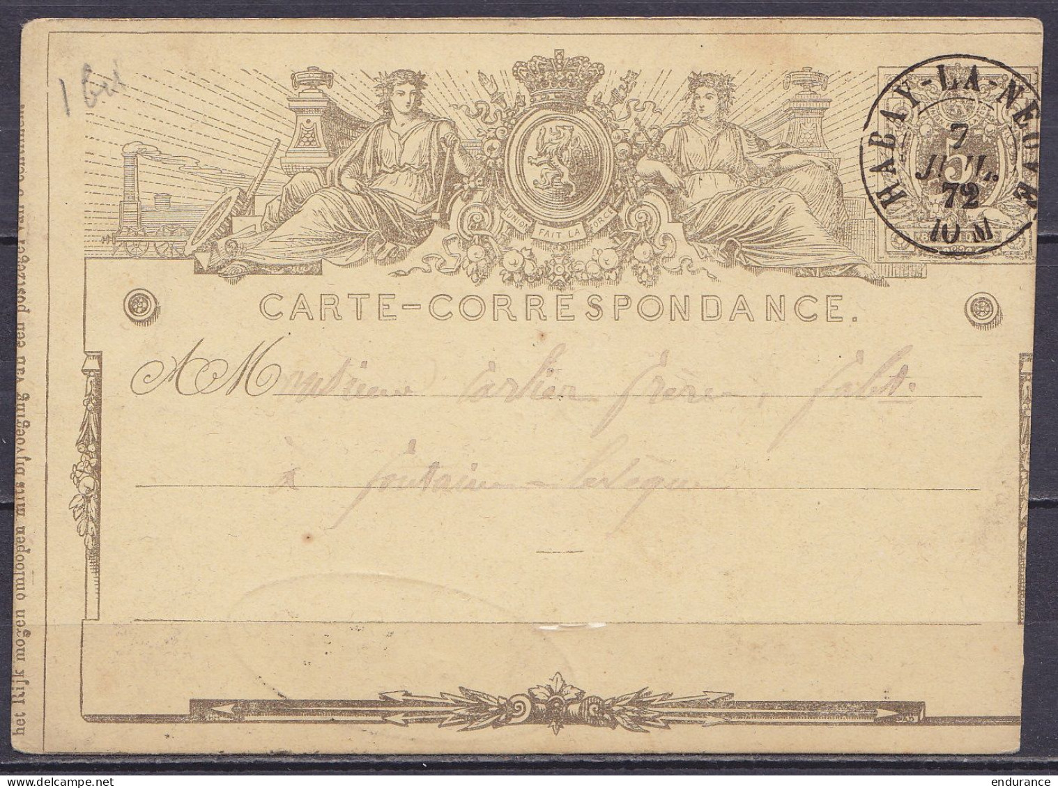 Carte-correspondance 5c Bistre (type N°45) Càd HABAY-LA-NEUVE /7 JUIL. 1872 Pour FONTAINE L'EVEQUE - Postcards 1871-1909