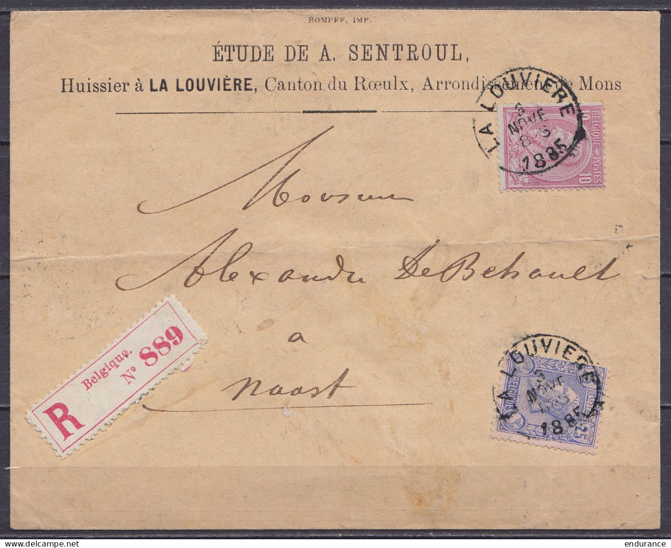 Env. "Huissier Sentroul" Recommandée Affr. N°46+48 Càd LA LOUVIERE /3 NOV Pour NAAST (au Dos: Càd MONS (STATION), SOIGNI - 1884-1891 Leopoldo II