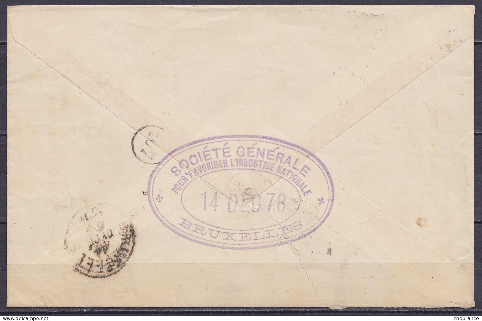 Env. "Société Générale …" Affr. N°30 Perforé "S.G" Càd "BRUXELLES (R.CHANCELLERIE) /14 DECE 1878" Pour BRUXELLES (au Dos - 1869-1883 Leopold II