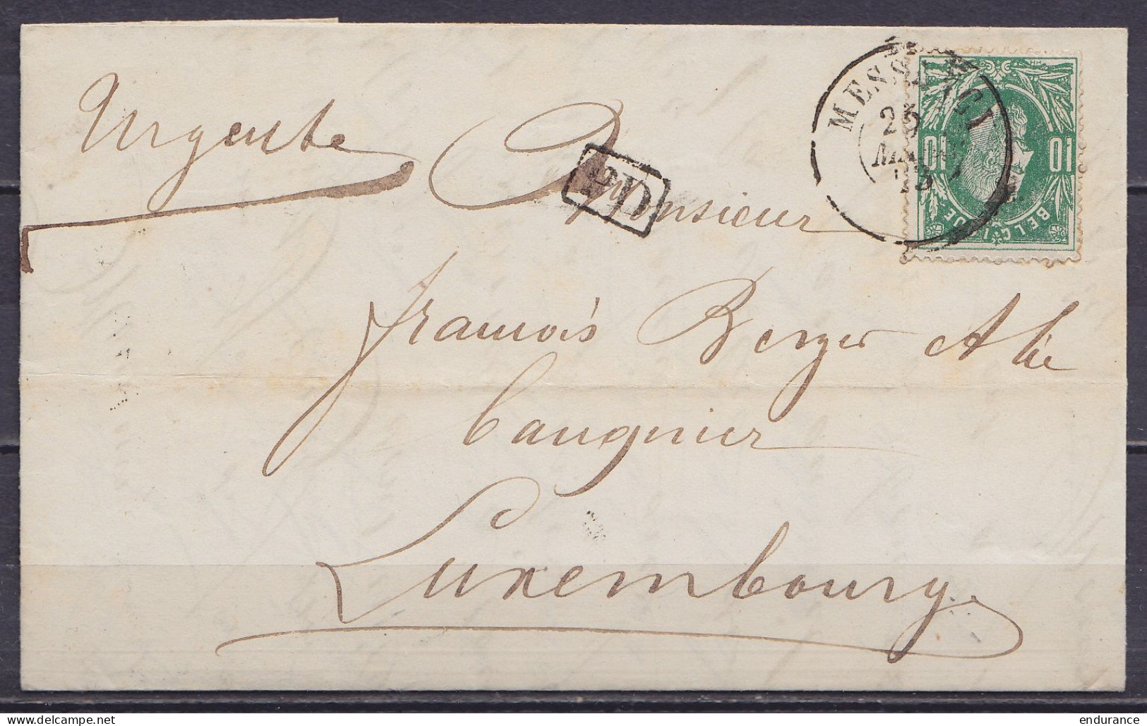 L. Datée 23 Mars De DIFFERT Affr. N°30 Càd MESSANCY /25 MARS 1873 Pour LUXEMBOURG - [PD] - Man. "Urgente" (au Dos: Càd A - 1869-1883 Léopold II