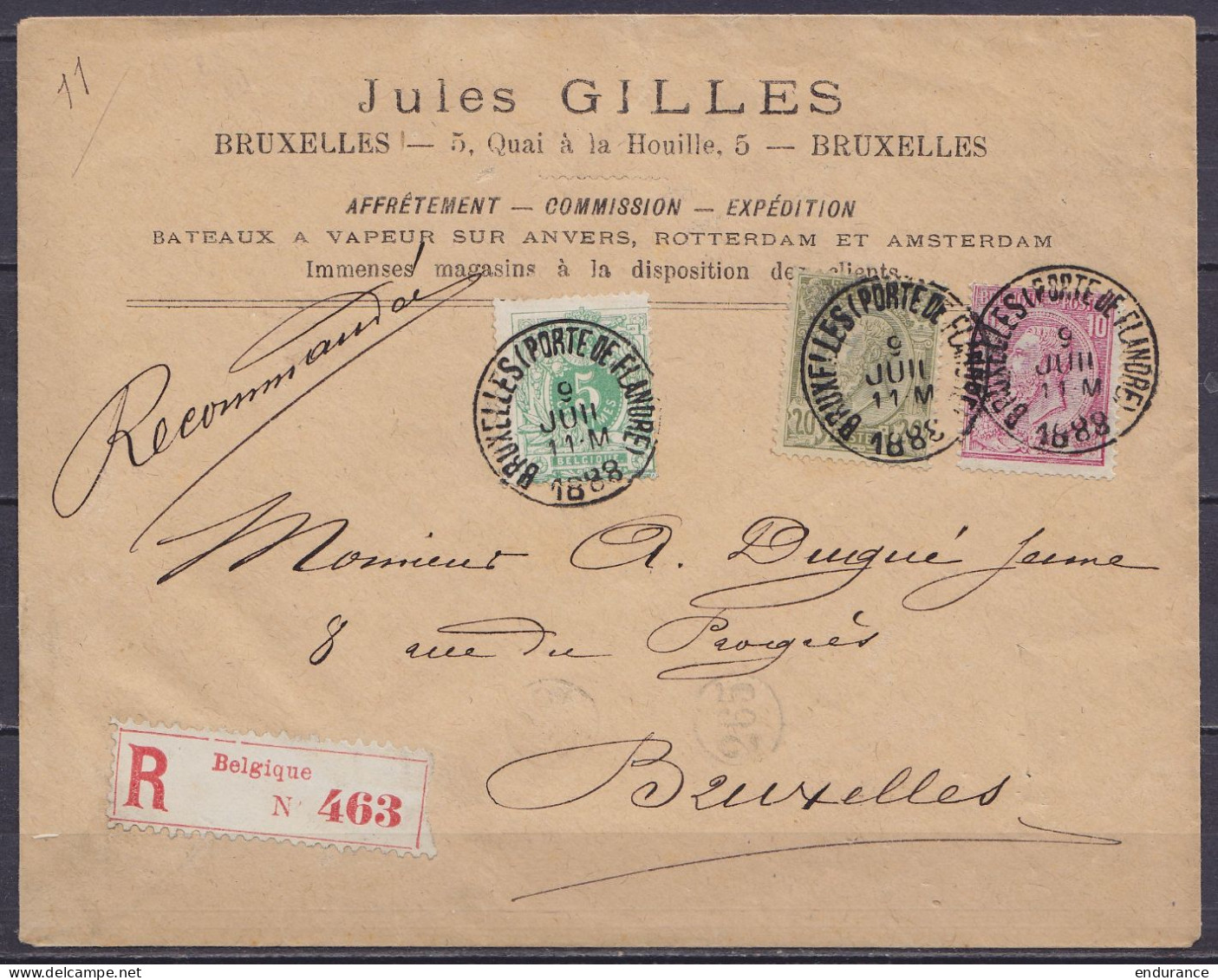 Env. Entête "Jules Gilles - Bâteaux à Vapeur …" Recommandée Affr. N°45+46+47 Càd BRUXELLES (PORTE DE FLANDRE) /9 JUIL 18 - 1884-1891 Leopoldo II