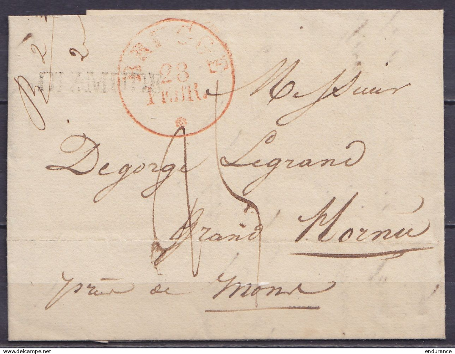 L. Datée 27 Février 1829 De Dixmude Càd T11 BRUGGE /28 FEBR.* Pour GRAND HORNU Près De Mons - Griffe "DIXMUDE" - Port "2 - 1815-1830 (Holländische Periode)