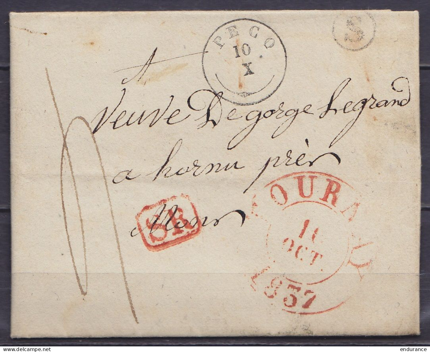 L. Datée 9 Octobre 1837 De HELCHIN Càd TOURNAI /10 OCT. 1857 & T18 PECQ /10/X Pour HORNU - [SR] - Boîte Rurale "S" - Por - 1830-1849 (Independent Belgium)