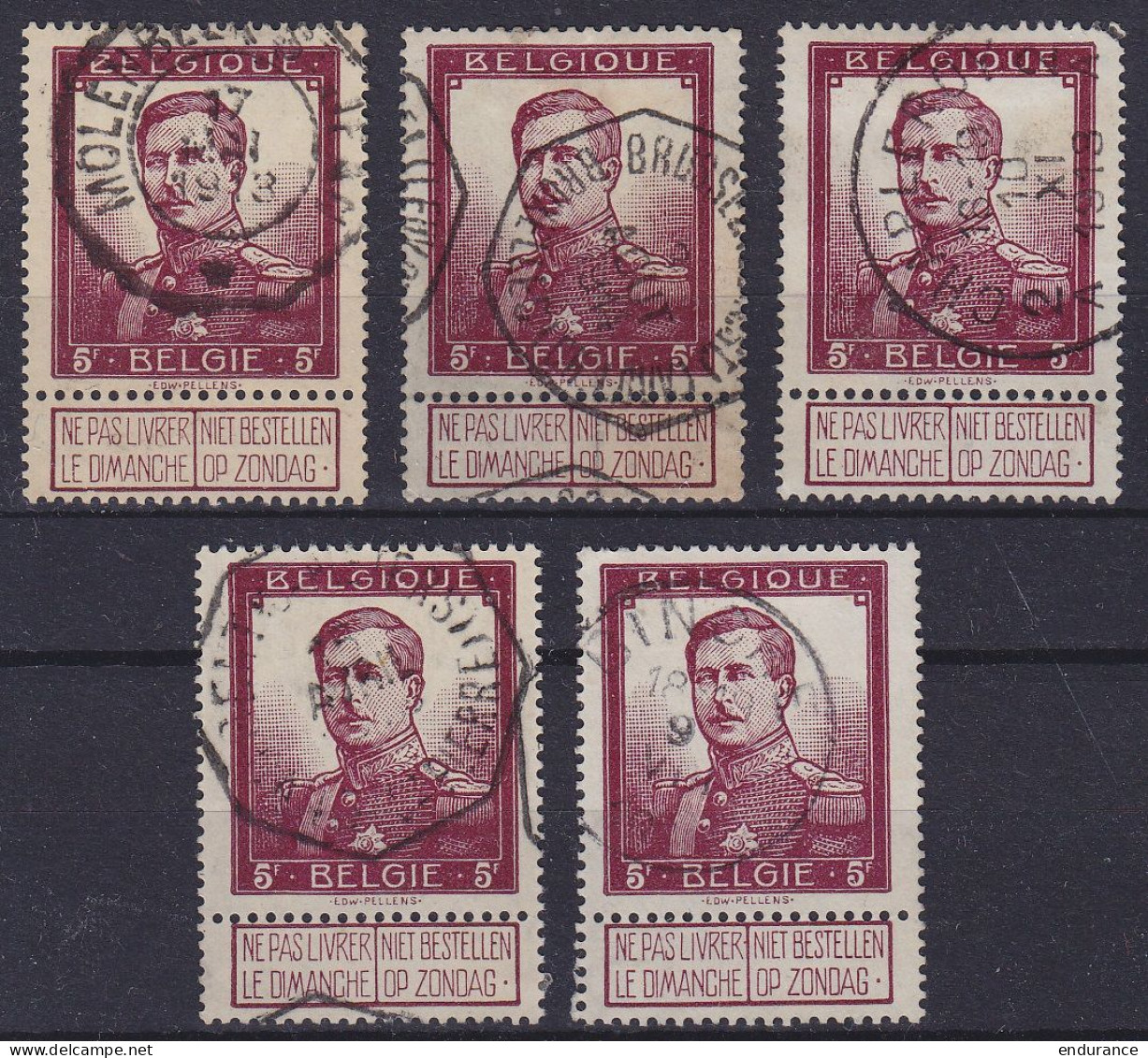 Belgique - Lot De 5x N°122 - 5F Pellens Lie De Vin - Oblit. Voir Scans - 1912 Pellens