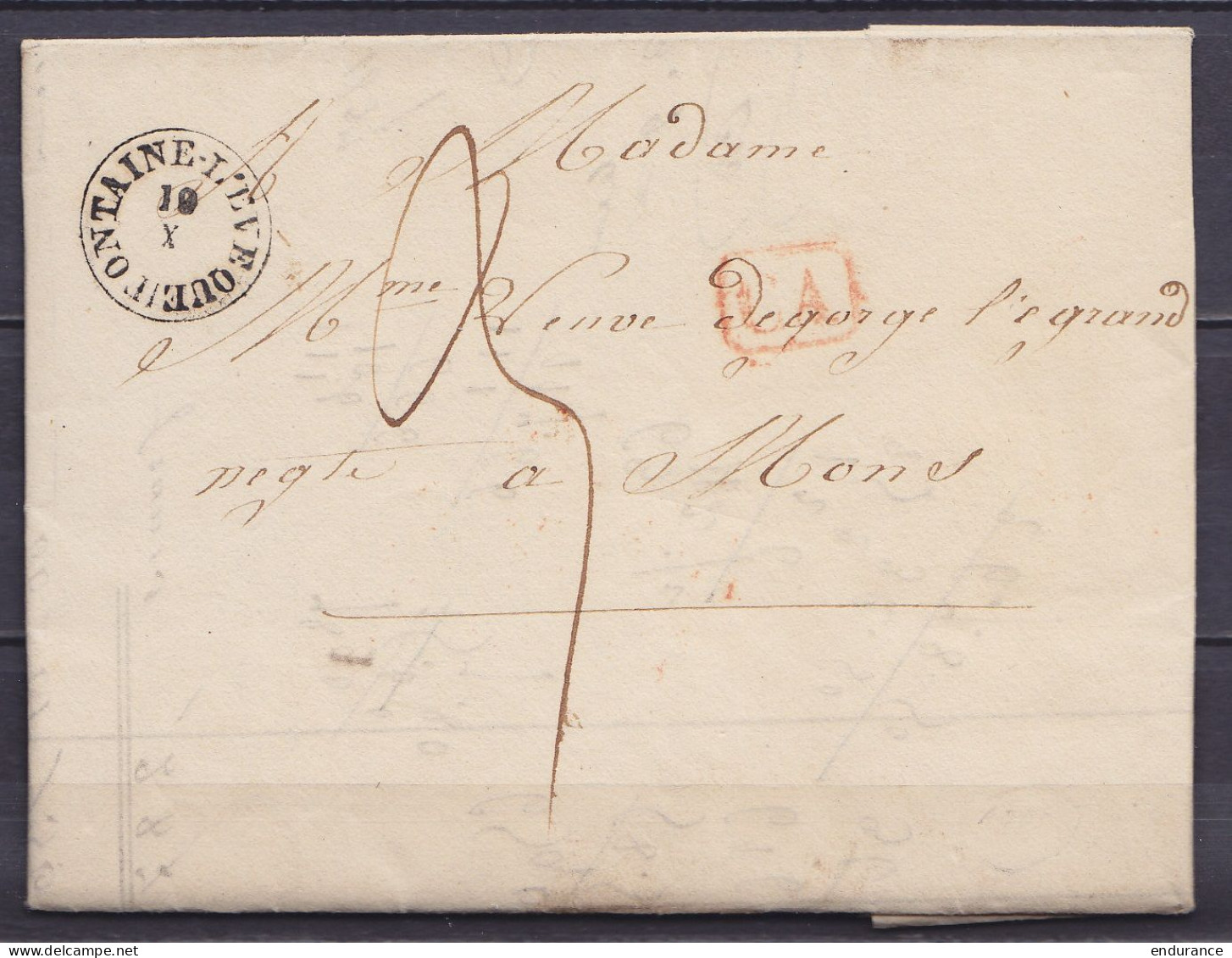 L. Càd T18 FONTAINE L'EVEQUE /19 X (1837) Pour MONS - Griffe Correspondance D'arrondissement [CA] - Port "3" (au Dos: Cà - 1830-1849 (Onafhankelijk België)