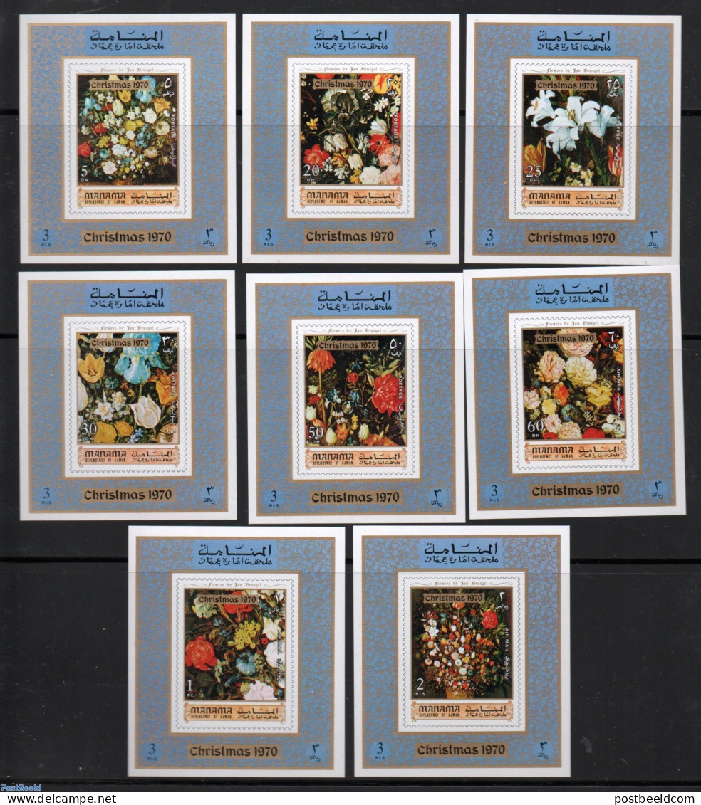 Manama 1970 Christmas, Flowerpaintings 8 S/s, Imperforated, Mint NH, Nature - Religion - Flowers & Plants - Christmas - Weihnachten