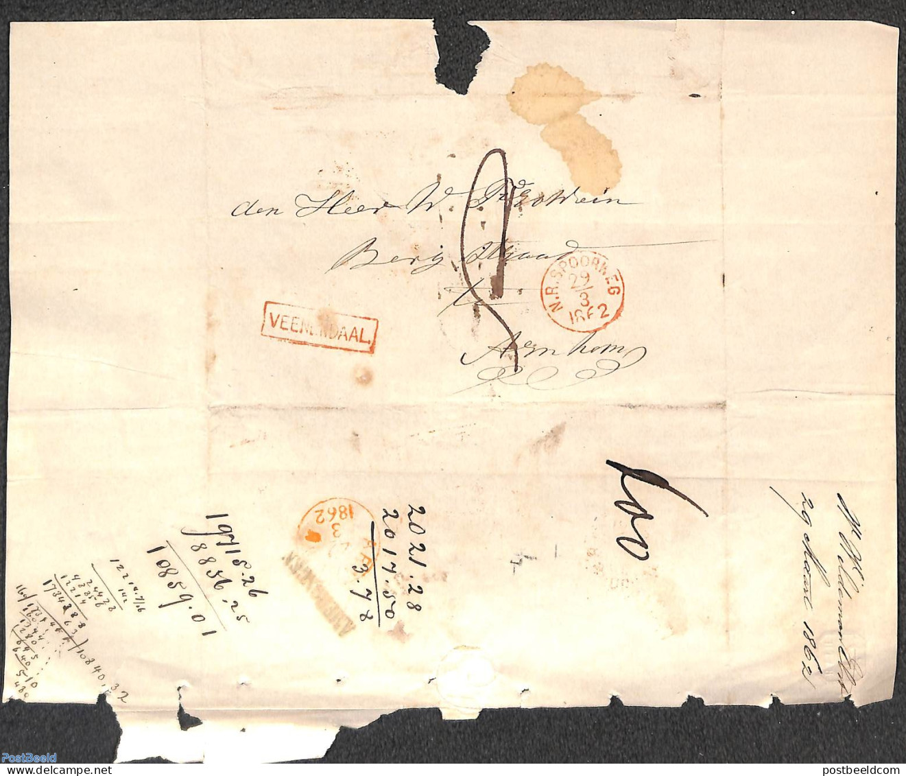 Netherlands 1862 Folding Cover From VEENENDAAL To Arnhem, Postal History - Brieven En Documenten