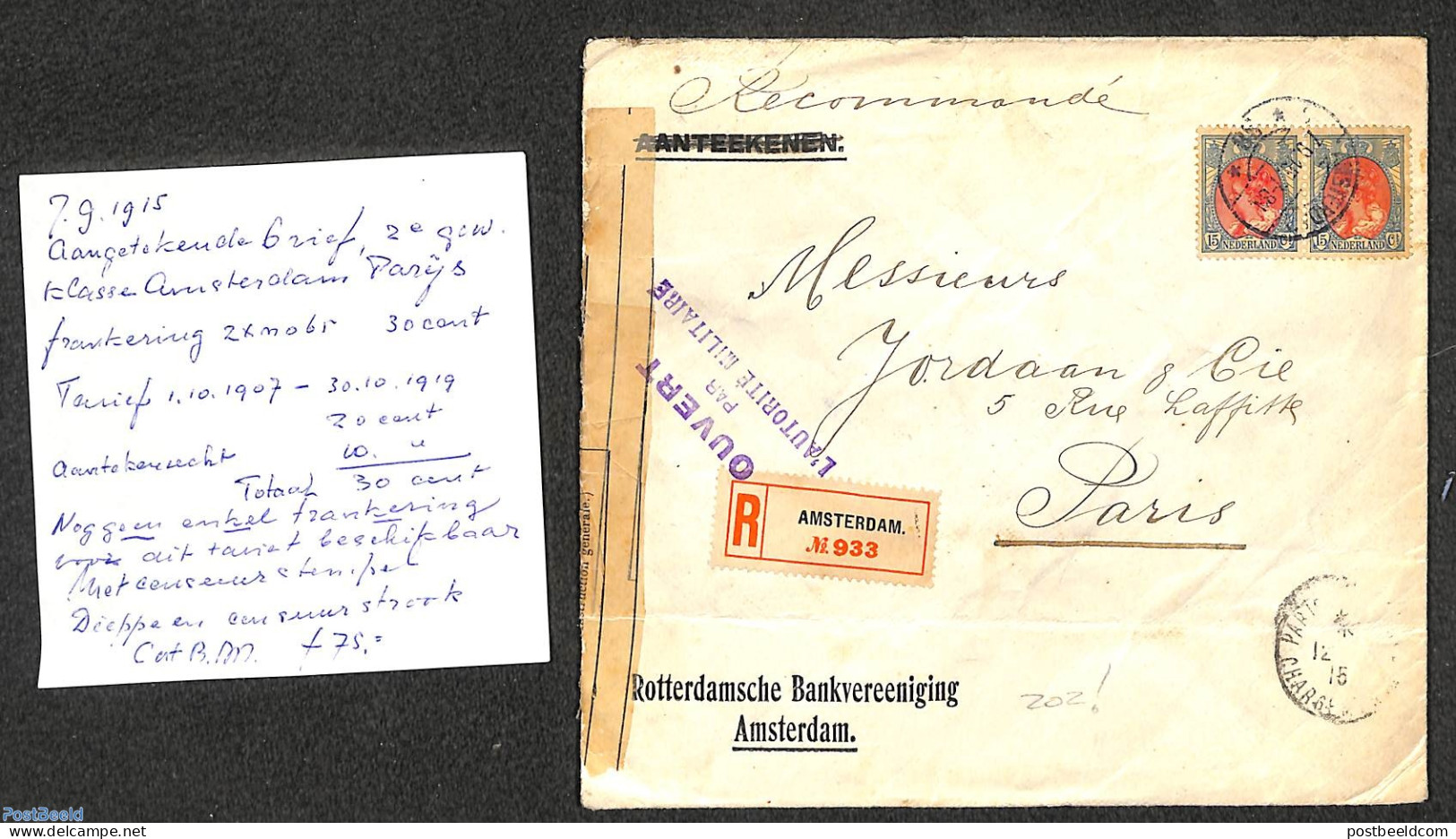 Netherlands 1915 Registered, Opened Letter From Amsterdam To Paris, Postal History - Cartas & Documentos