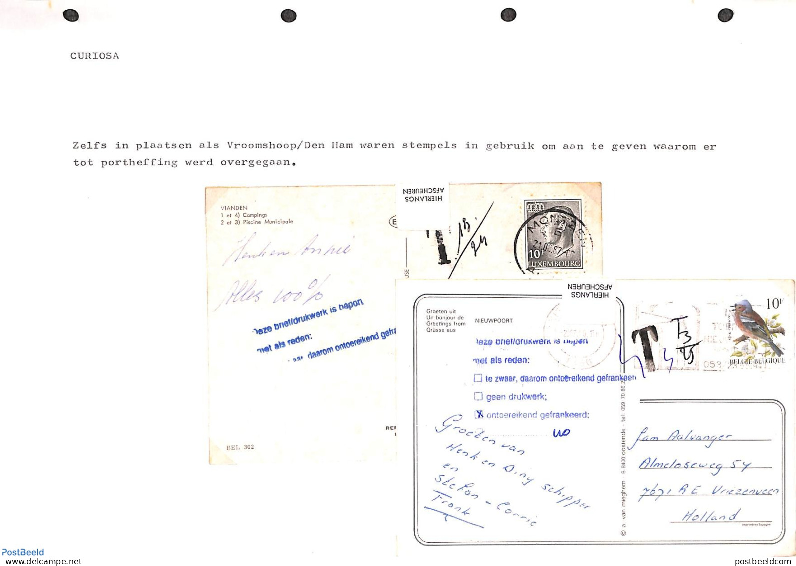 Netherlands 1987 2 Postage Due Cards, See Description (in Dutch), Postal History - Brieven En Documenten