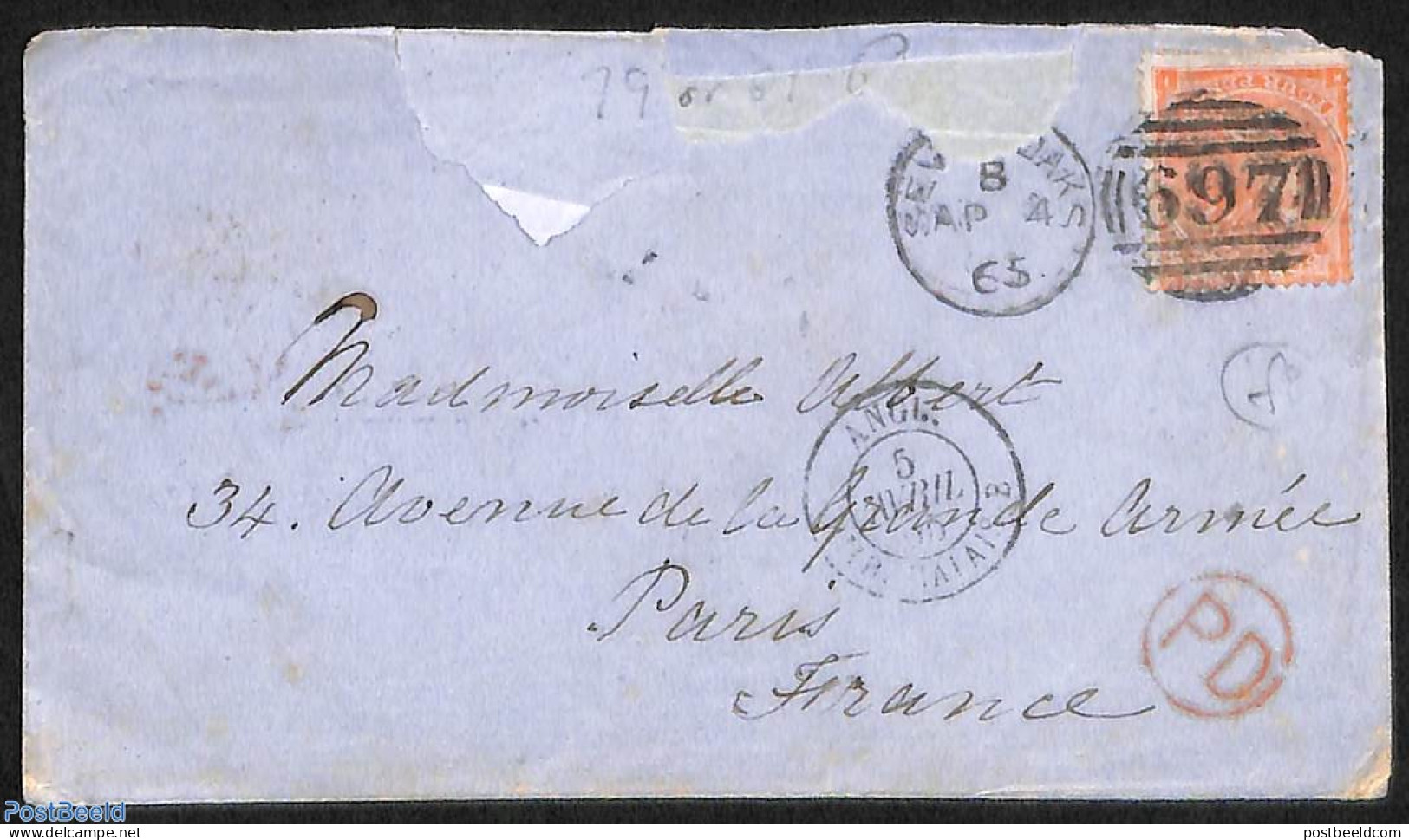 Great Britain 1865 Letter To France, Postal History - Covers & Documents