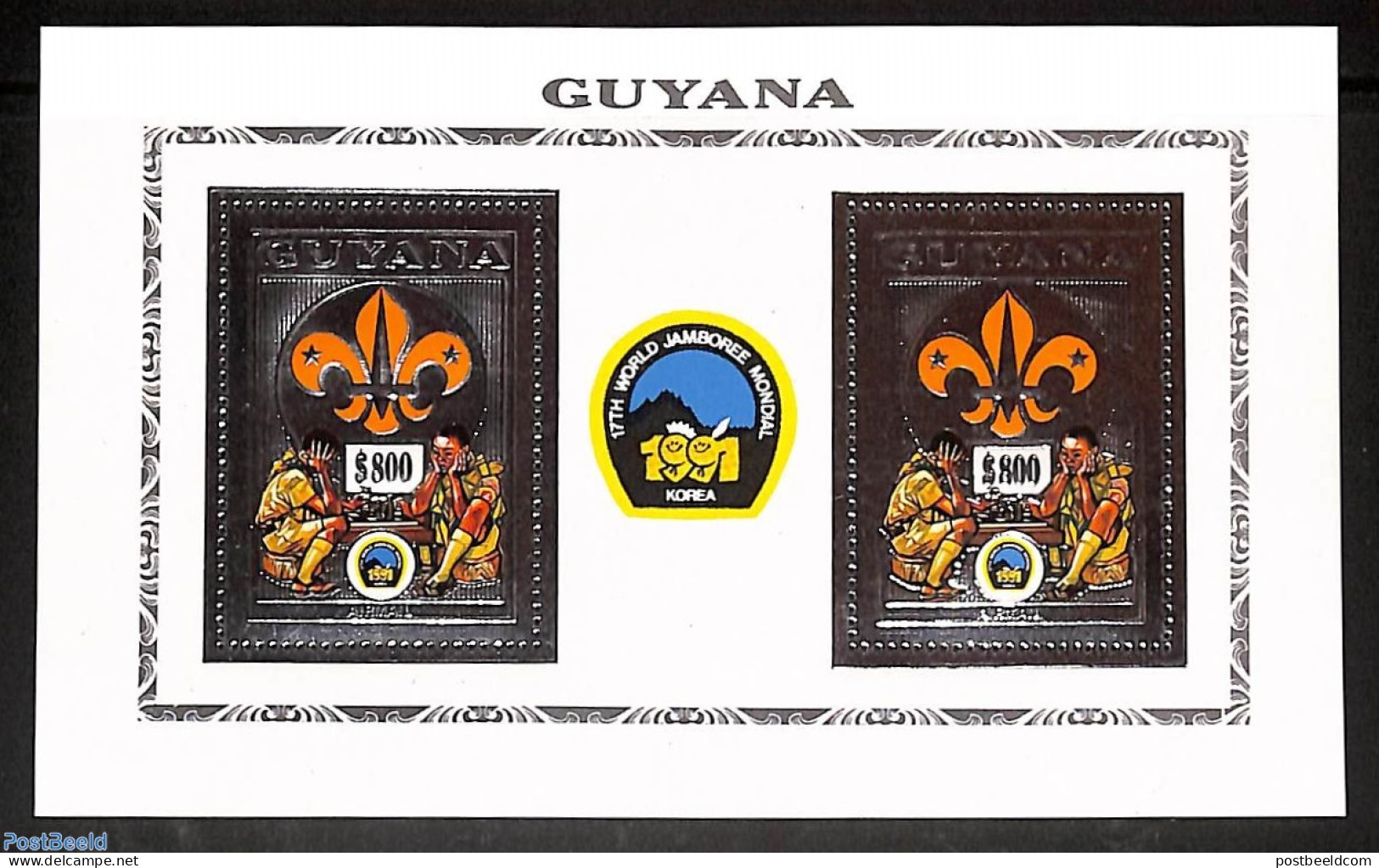 Guyana 1992 Jamboree M/s, (silver/silver), Mint NH, Sport - Chess - Scouting - Schaken