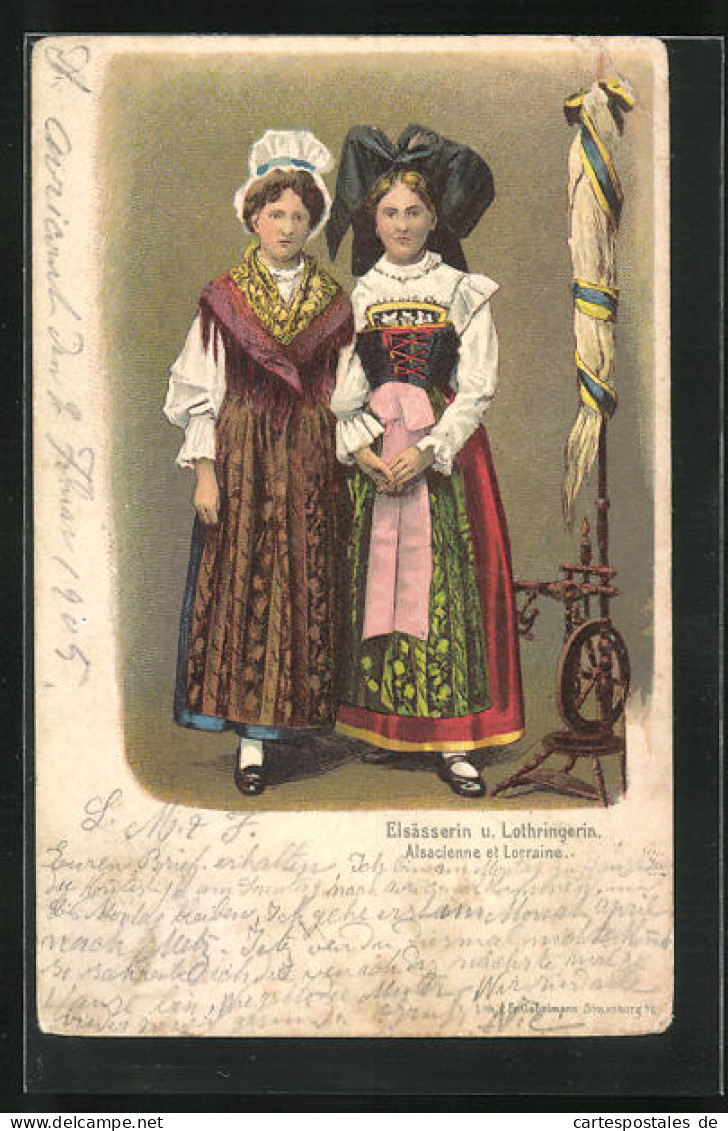 Lithographie Elsass-lothringische Tracht, Frauen Stehend Mit Spinnrad  - Vestuarios