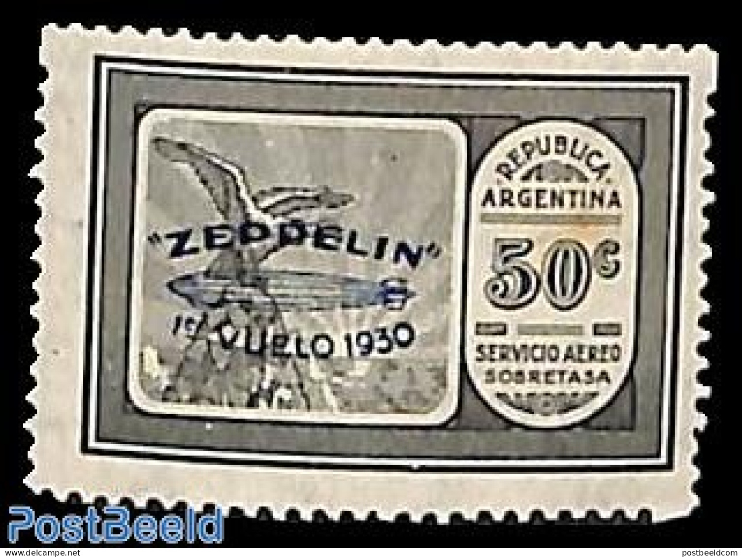 Argentina 1930 50c, Blue Overprint, Stamp Out Of Set, Unused (hinged), Transport - Zeppelins - Nuovi