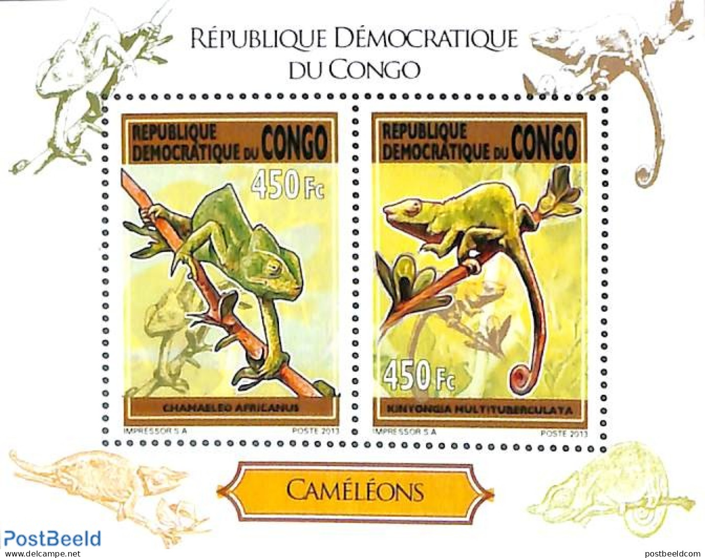 Congo Dem. Republic, (zaire) 2013 Chameleons S/s, Mint NH, Nature - Reptiles - Other & Unclassified