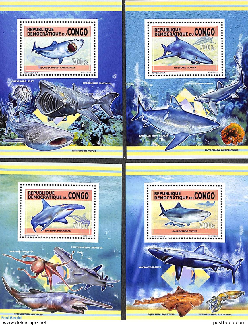 Congo Dem. Republic, (zaire) 2013 Sharks 4 S/s, Mint NH, Nature - Fish - Sharks - Pesci