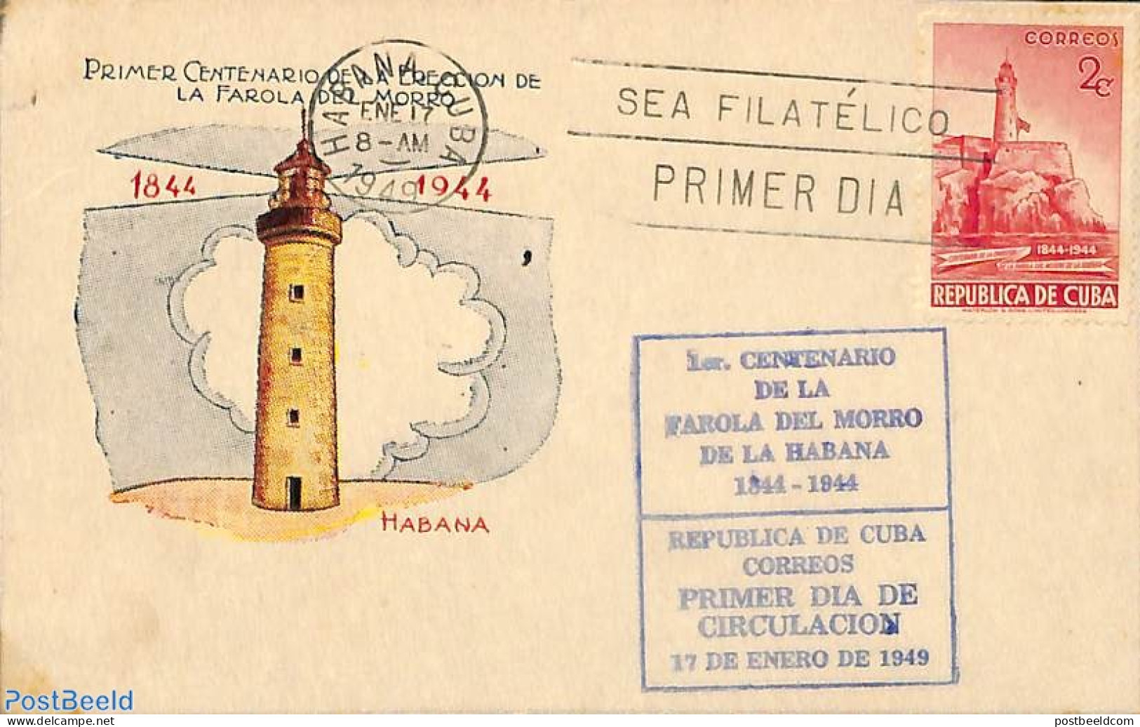 Cuba 1944 Postal Card Lighthouse, FDC, Postal History, Various - Lighthouses & Safety At Sea - Brieven En Documenten