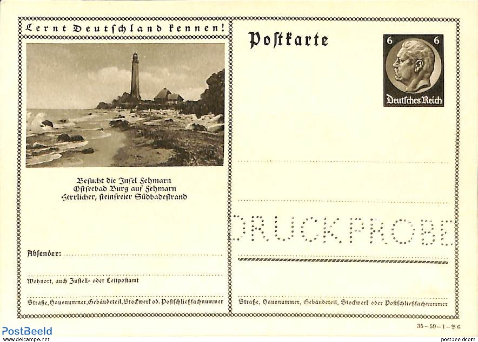 Germany, Empire 1934 Illustrated Postcard 6pf, Lighthouse, DRUCKPROBE, Unused Postal Stationary, Various - Lighthouses.. - Briefe U. Dokumente