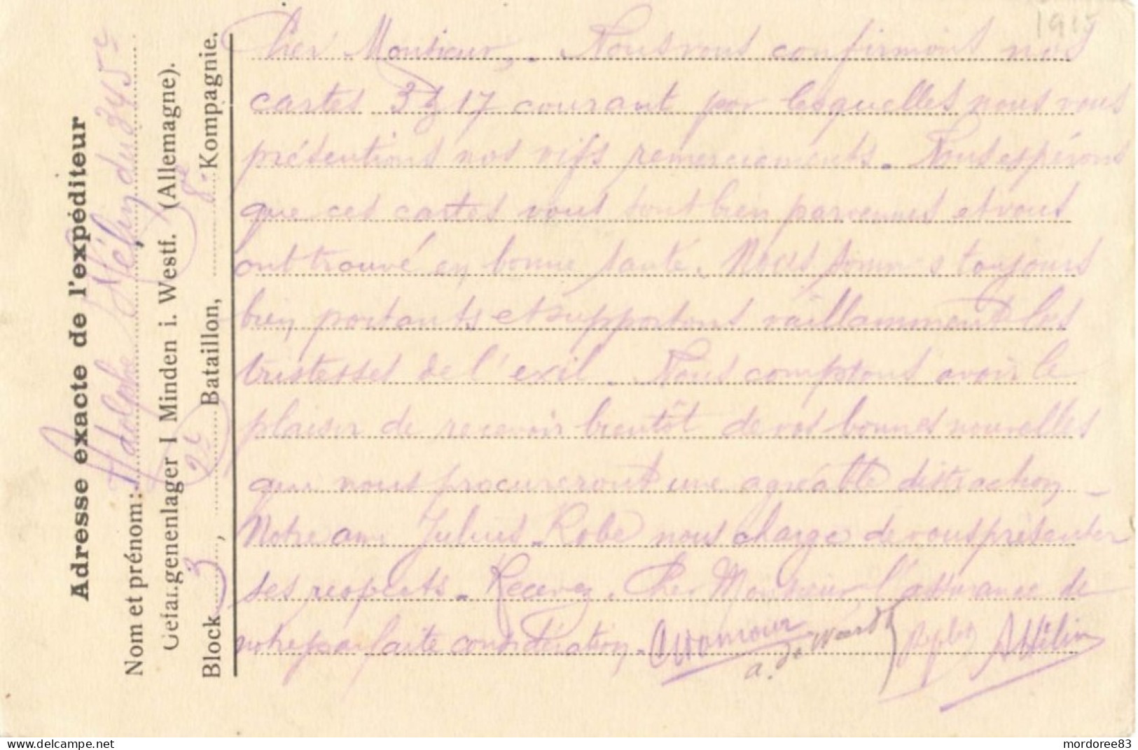 CARTE FM PRISONNIER DE GUERRE 1915 CAMP DE MINDEN ALLEMAGNE POUR FRANCE COGNAC - 1. Weltkrieg 1914-1918