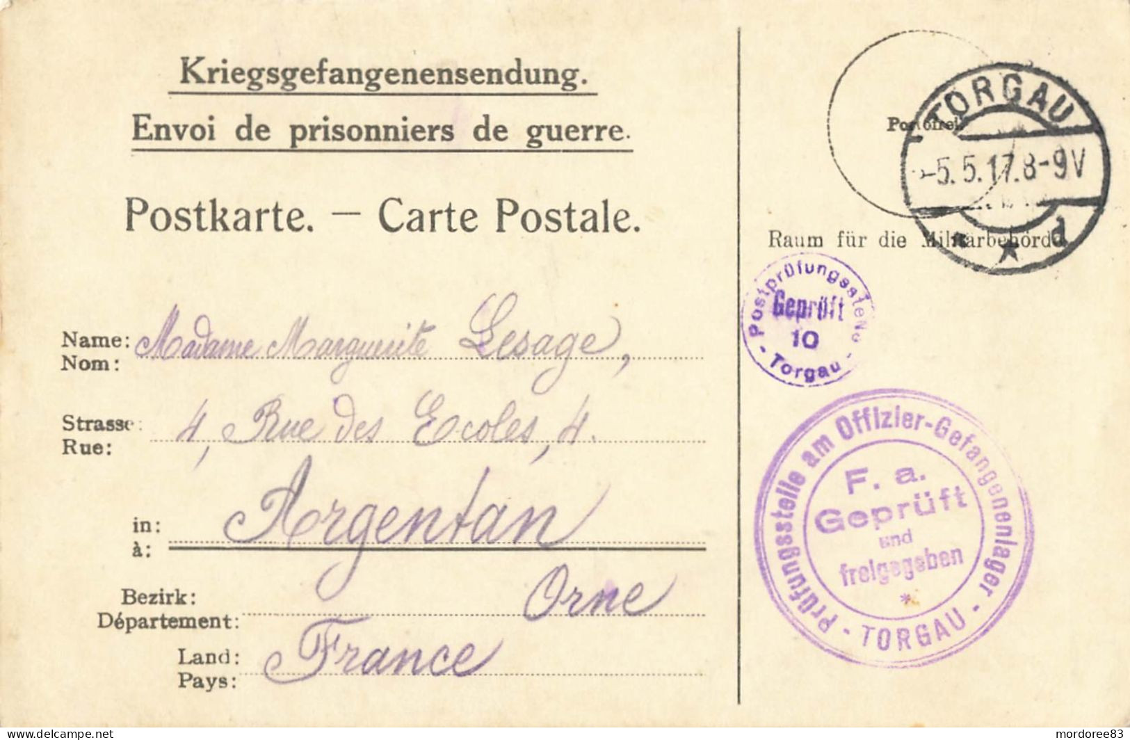 CARTE FM PRISONNIER DE GUERRE 1917 CAMP DE TORGAU ALLEMAGNE POUR FRANCE ARGENTAN - 1. Weltkrieg 1914-1918