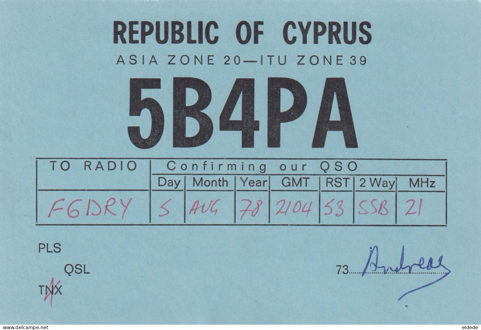 QSL Card Radio Amateur Andreas Patsalides Nicosia Cyprus - Zypern