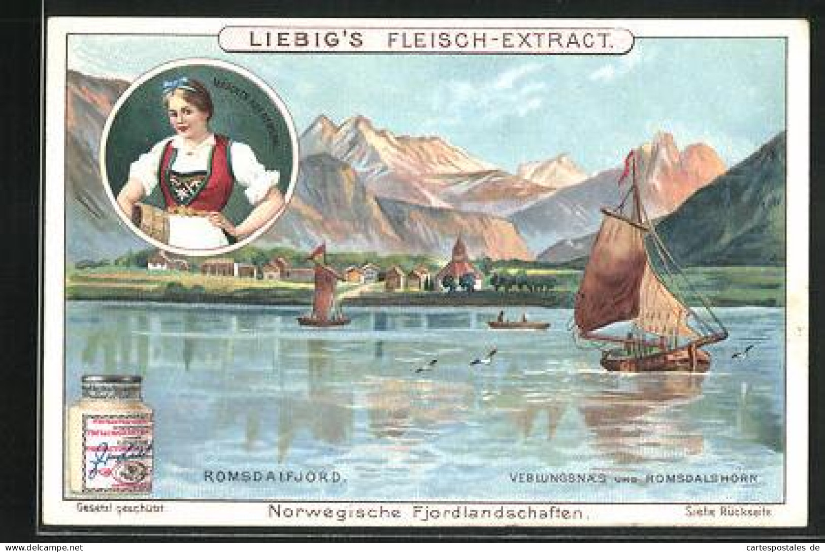 Sammelbild Liebig, Serie: Norwegische Fjordlandschaften, Romsdalfjord, Veblungsnaes Und Romsdalshorn  - Liebig