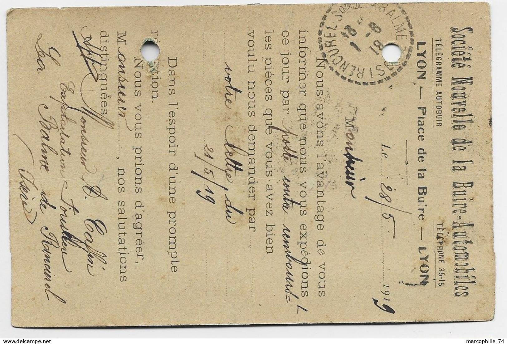 N° 130 PERFORE B.A. CARTE PERFORATION D'ARCHIVE BUIRE AUTOMOBILE LYON ENTREPOT 1919 - Briefe U. Dokumente