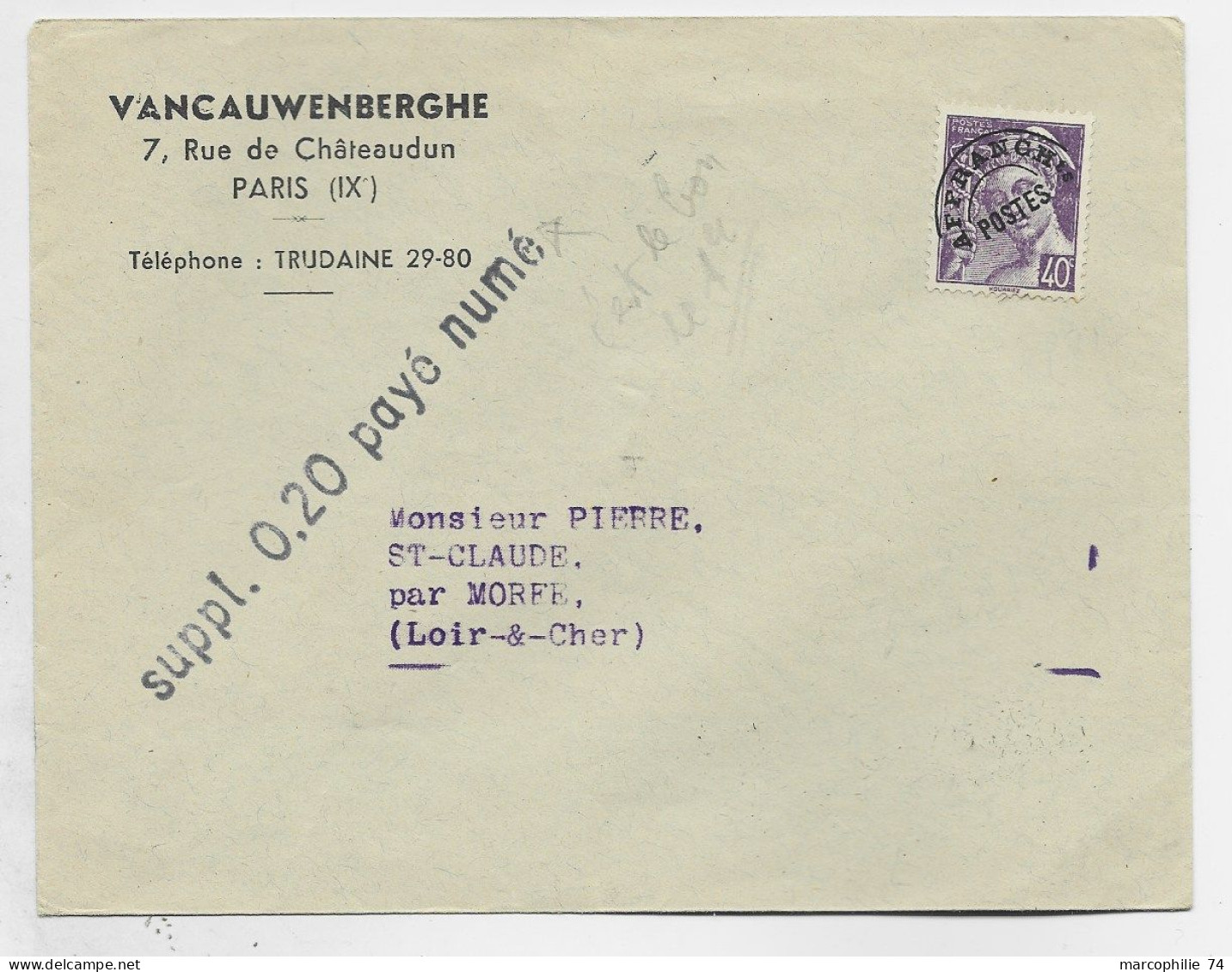 MERCURE POSTES 40C POSTES PREO SEUL LETTRE + GRIFFE SUPPL .0.20 PAYE NUME - 1938-42 Mercurio