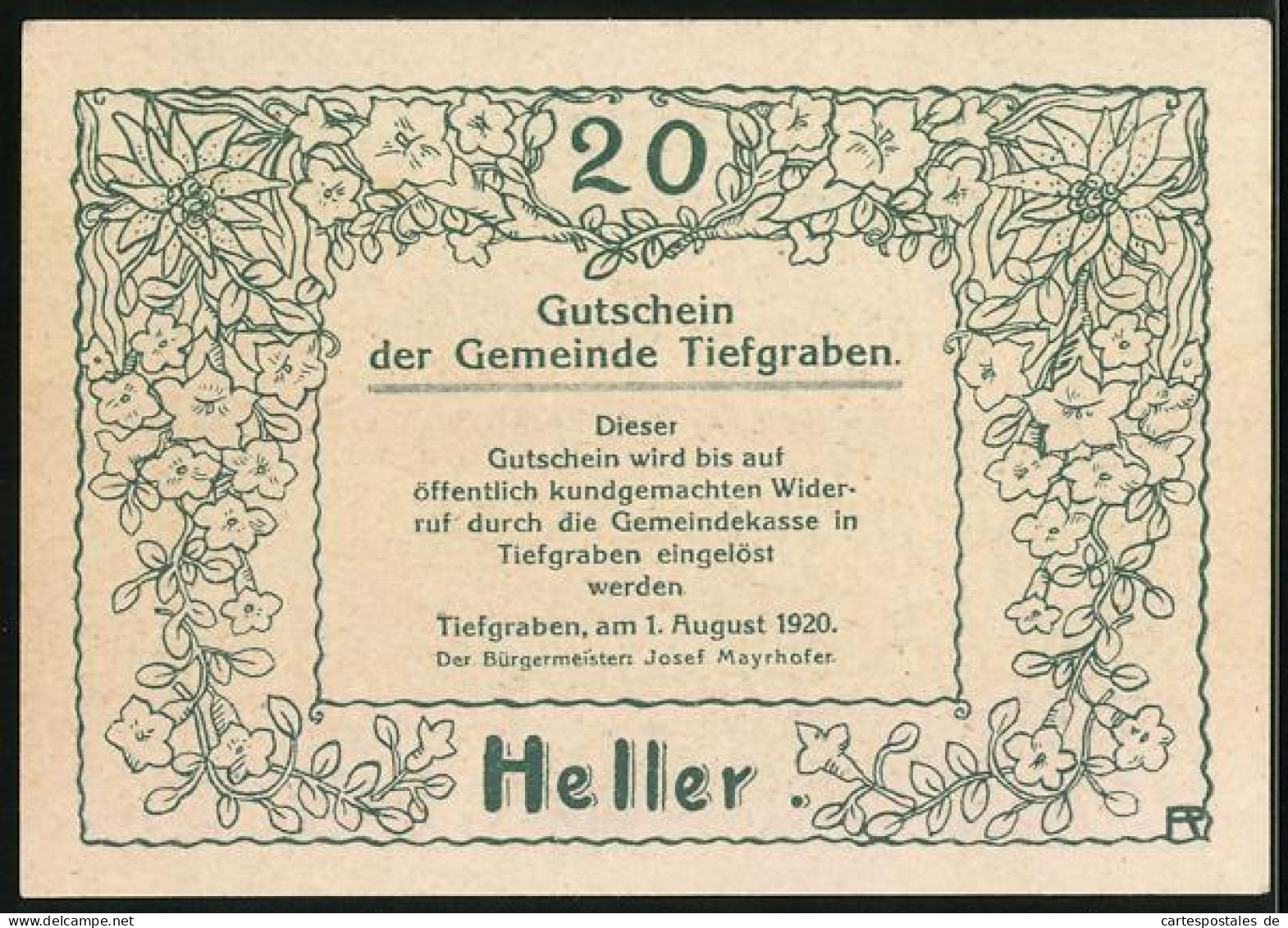 Notgeld Tiefgraben 1920, 20 Heller, Bauernhaus  - Austria