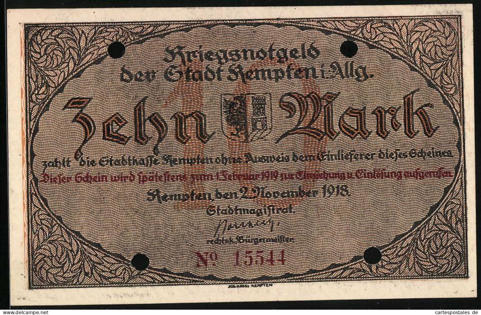 Notgeld Kempten 1918, 10 Mark, Denkmal, Unterschrift Vom Bürgermeister  - [11] Emissions Locales