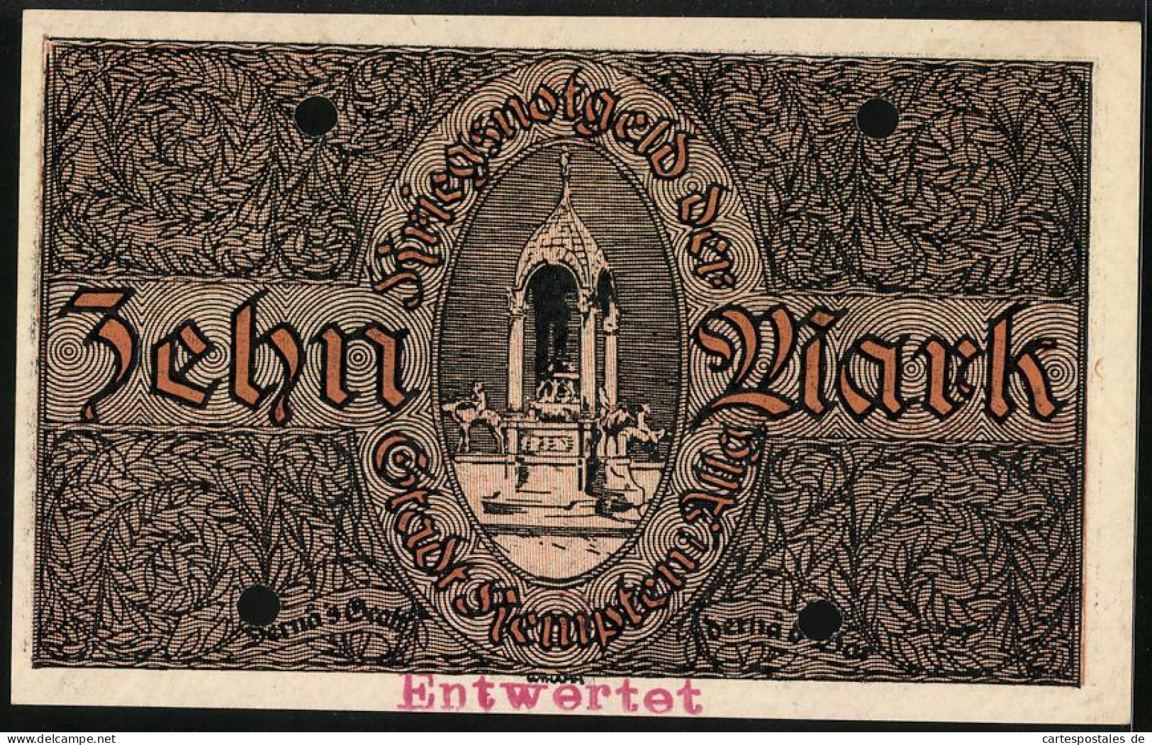 Notgeld Kempten 1918, 10 Mark, Denkmal, Unterschrift Vom Bürgermeister  - [11] Lokale Uitgaven