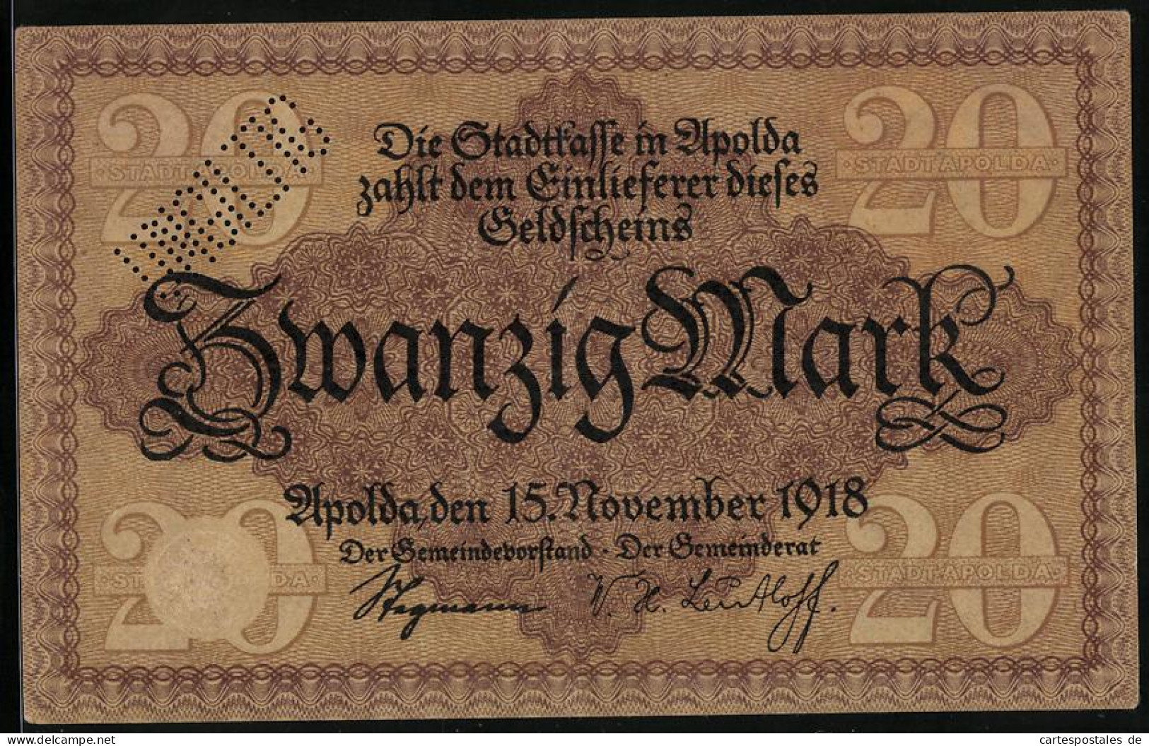 Notgeld Apolda 1918, 20 Mark, Stadtwappen  - Lokale Ausgaben