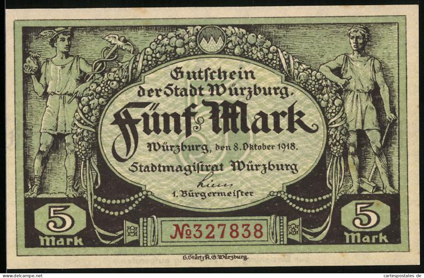 Notgeld Würzburg 1918, 5 Mark, Burg, Stadtwappen  - [11] Lokale Uitgaven