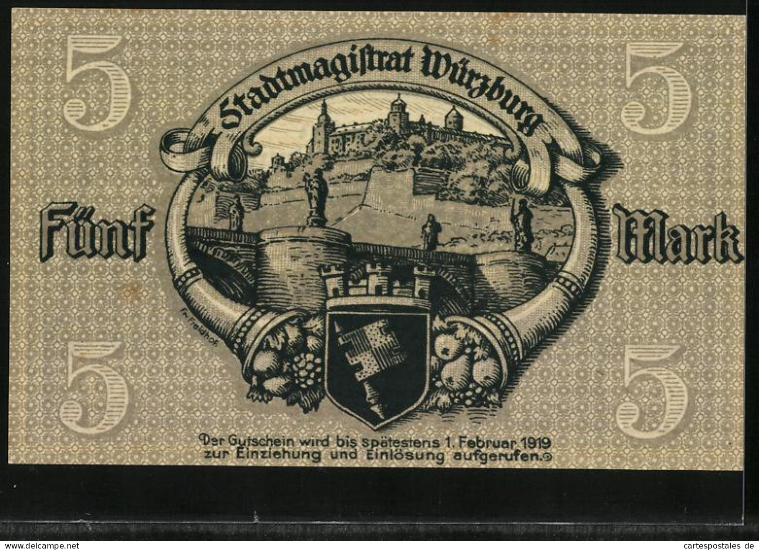Notgeld Würzburg 1918, 5 Mark, Burg, Stadtwappen  - [11] Emissions Locales