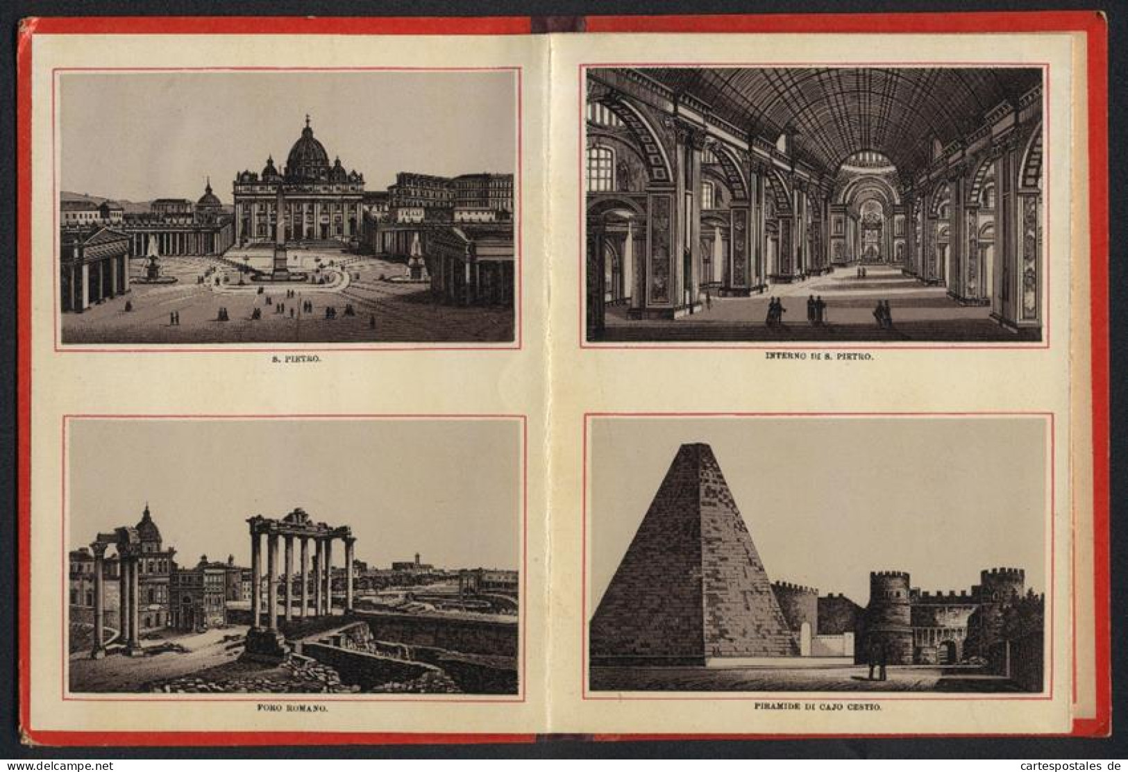 Leporello-Album 24 Lithographie-Ansichten Roma, S. Pietro, Piramide Di Cajo Cestio, Fontana Di Trevi, Piazza Colonna  - Lithographies