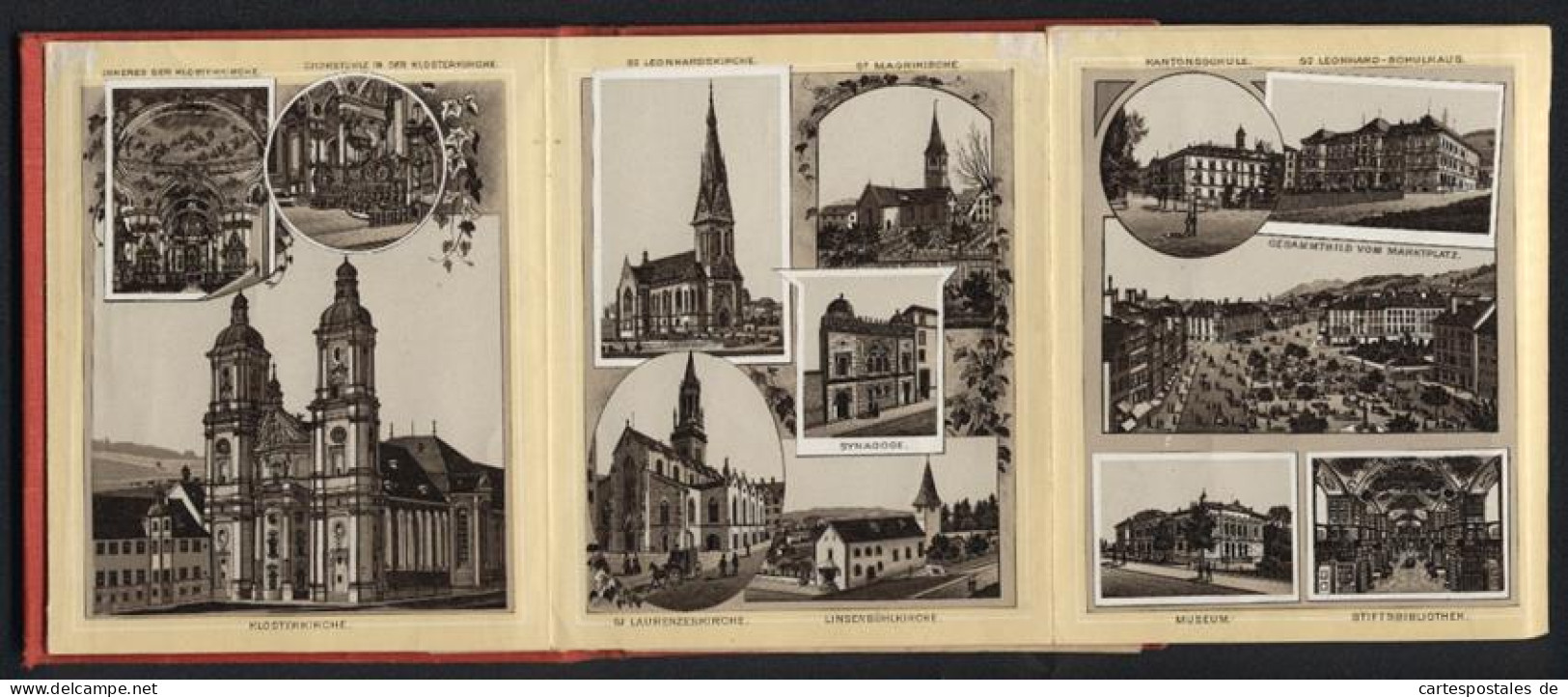 Leporello-Album 12 Lithographie-Ansichten St. Gallen, Synagoge, Kaserne, Zeughaus, Polizeiwache, Cafe Weisshaar, Hotel  - Lithografieën
