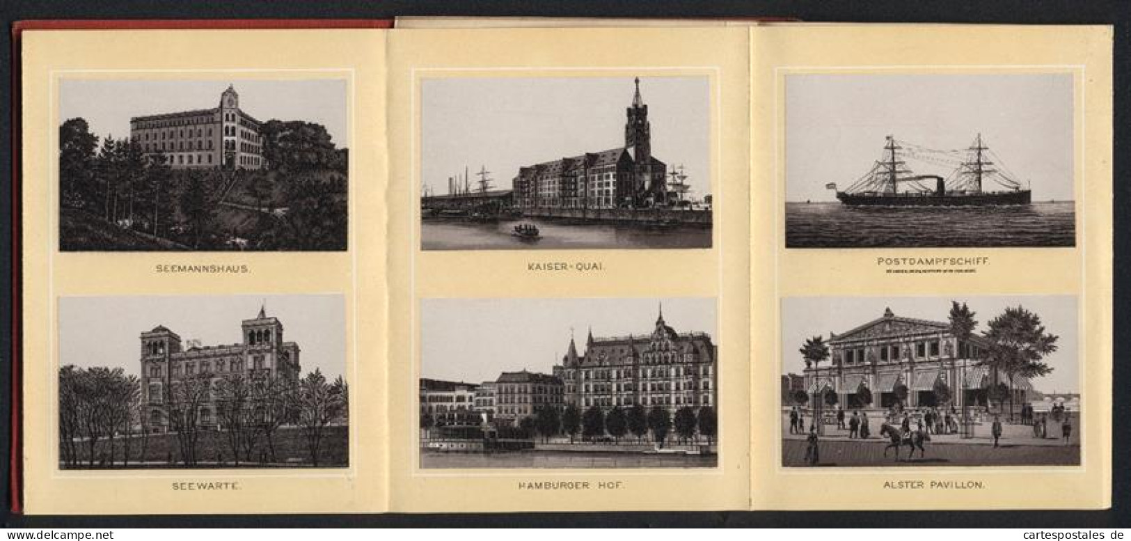 Leporello-Album 41 Lithographie-Ansichten Hamburg, Vierländerin, Riesen-Kran, Seewarte, Justizgebäude, Jungfernstieg  - Litografía