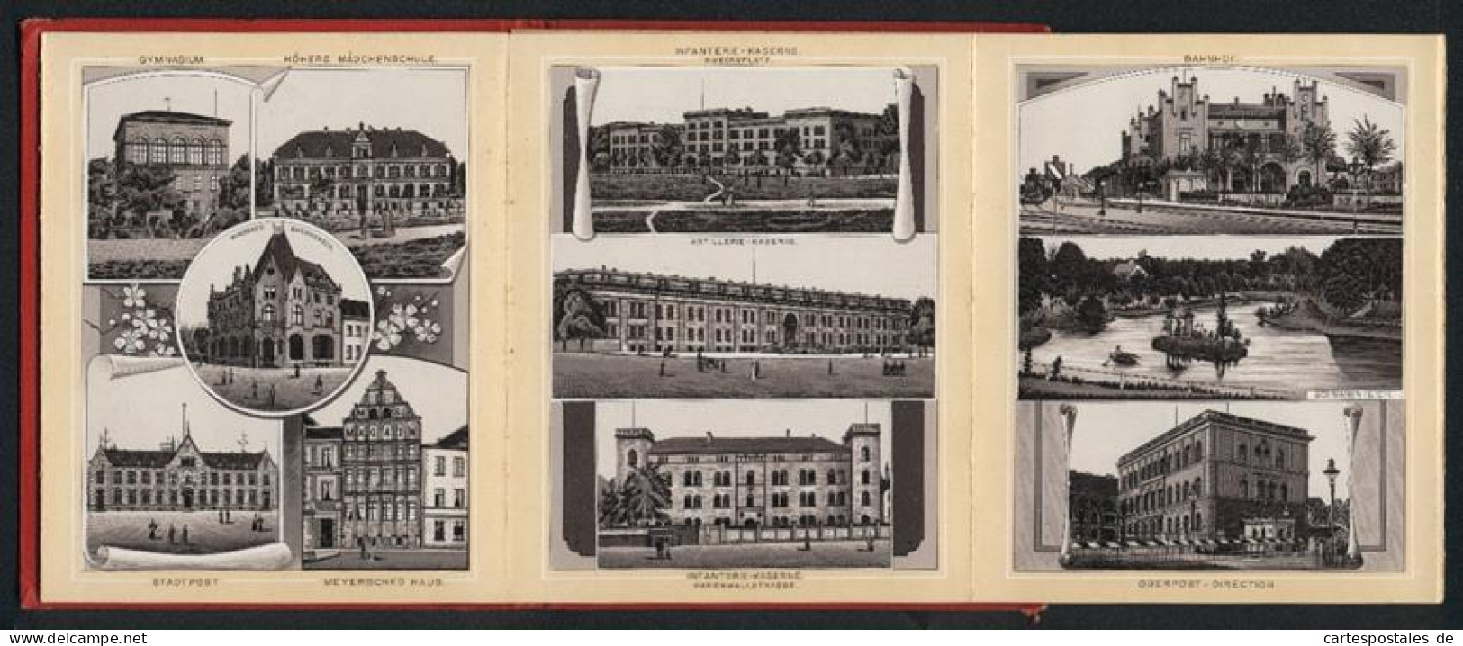 Leporello-Album 38 Lithographie-Ansichten Porta Westfalica, Hotel Nottmeyer, Tracht, Bahnhof, Oberpost, Kasernen  - Lithographies