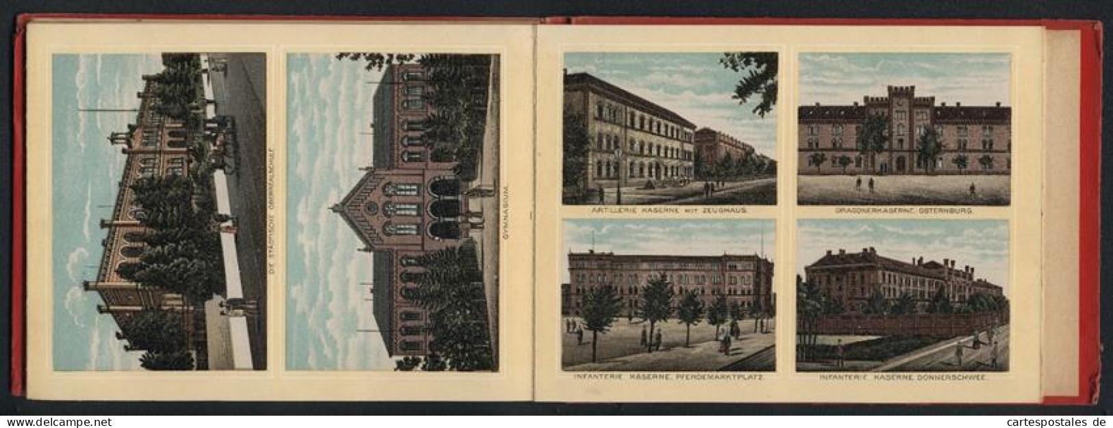 Leporello-Album 29 Lithographie-Ansichten Oldenburg, Lange Strasse, Gymnasium, Kasernen, Oberrealschule, Zwischenahn  - Lithographien