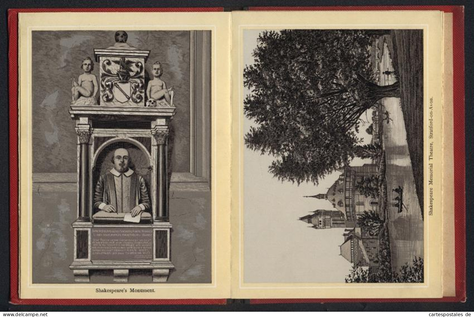 Leporello-Album 15 Lithographie-Ansichten Stratford-on-Avon, Shakespeare, Ann Hathaway Cootage, Grammer School, Founta  - Litografía