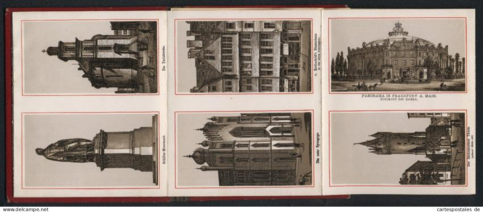 Leporello-Album 23 Lithographie-Ansichten Frankfurt / Main, Neue Synagoge, Rothschild Haus, Panorama, Börse, Palmgart  - Litografía
