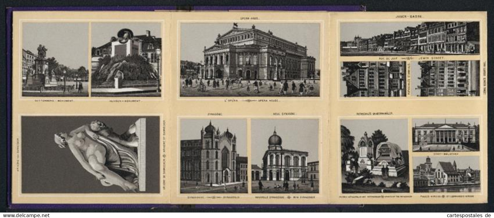 Leporello-Album 36 Lithographie-Ansichten Frankfurt / Main, Synagogen, Bundesschiessen 1887, Juden-Gasse, Panorama  - Lithographies