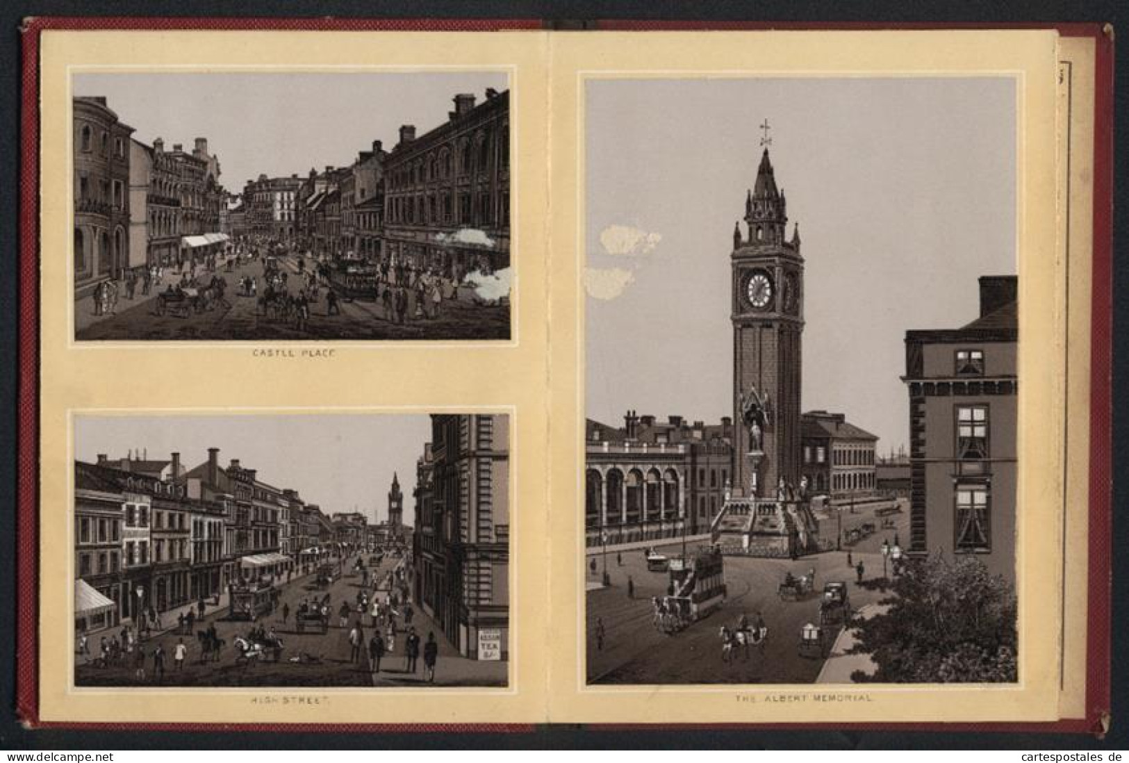 Leporello-Album 34 Lithographie-Ansichten Belfast, Donegal Place, Royal Avenue, High Street, Albert Memorial Ulster Ha  - Lithographies