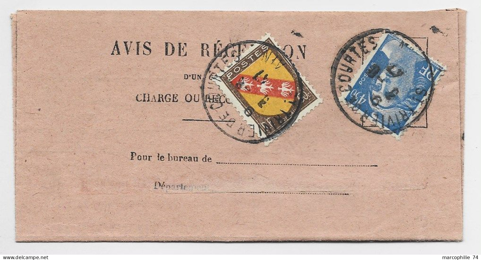 GANDON 4FR50 +50C BLASON AVIS DE RECEPTION ST TRIVIER 3.6.1947  AU TARIF - 1945-54 Marianna Di Gandon