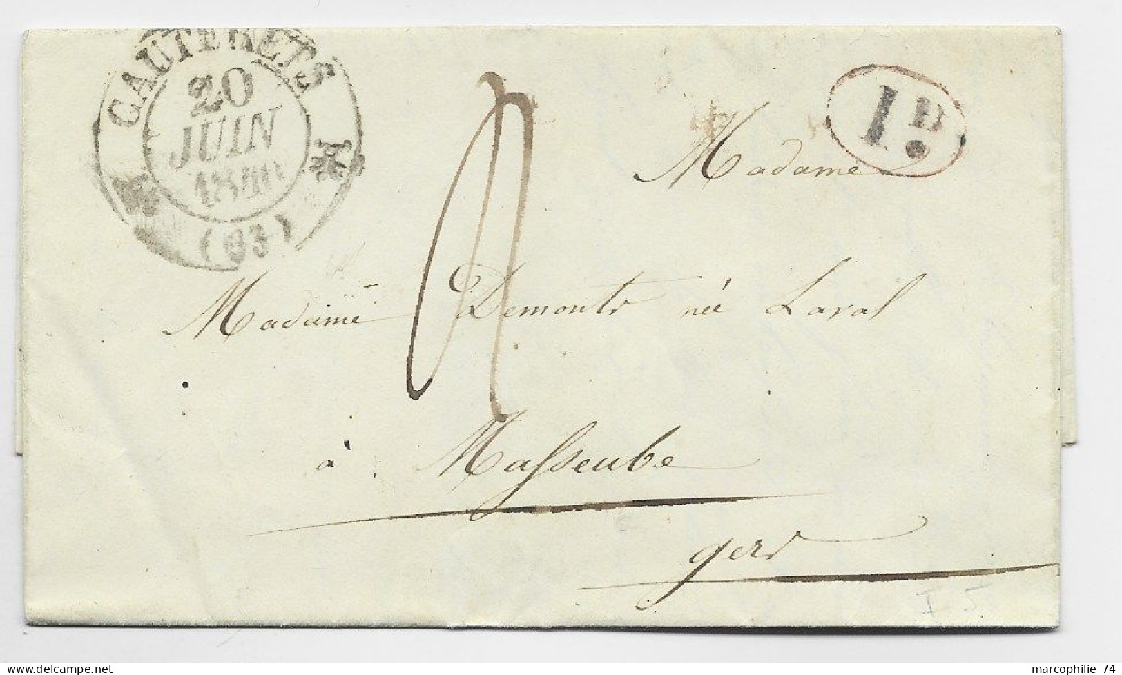 BASSES PYRENEES FLEURON CAUTERETS 20 JUIN 1846 LETTRE + ID ROUGE POUR LE GERS - 1801-1848: Precursors XIX