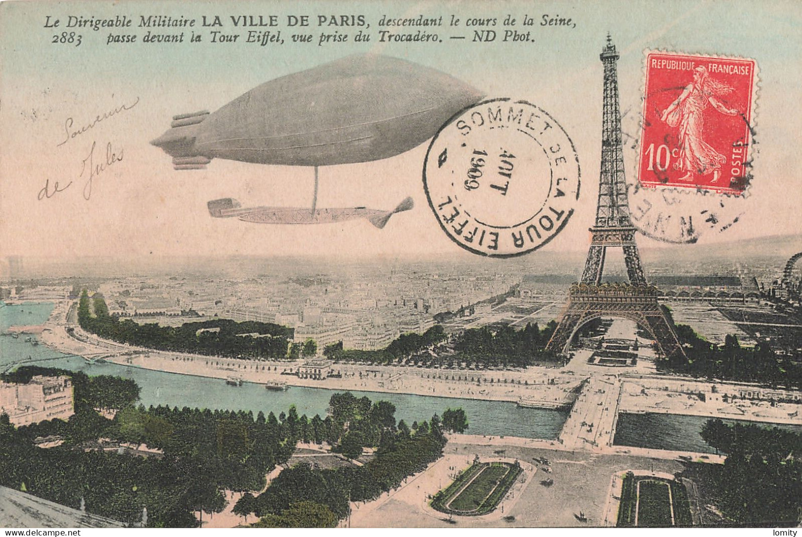 75 Paris Dirigeable Militaire LA VILLE DE PARIS Descendant Cours De Seine Passe Devant Tour Eiffel Vue Prise Trocadero - Eiffeltoren