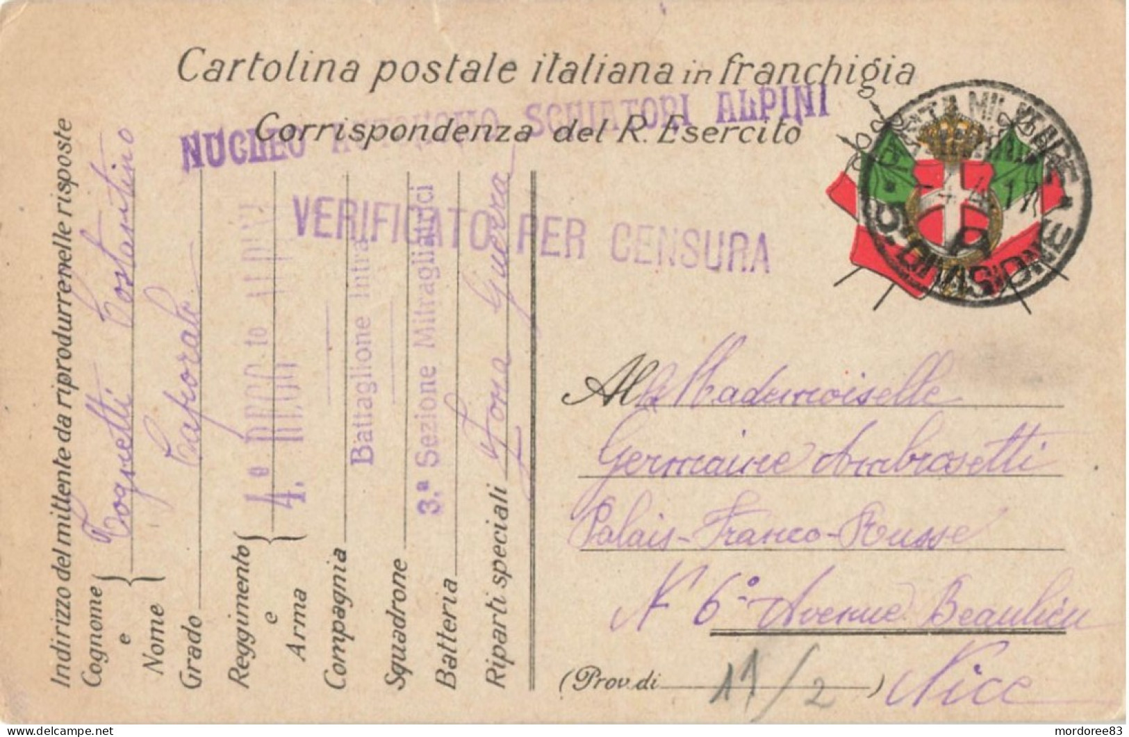 CARTOLINA FRANCHIGIA SCHIATORI ALPINI CENSURA 1917 POUR FRANCE NICE - Correo Militar (PM)