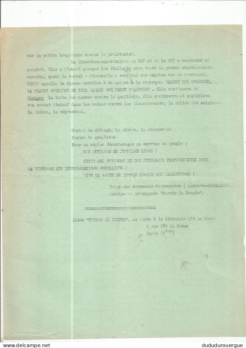 MAI 68 ; TRACT DE L UNION DES JEUNESSES COMMUNISTES MARXISTE LENINISTE : CONTRE LE GOUVERNEMENT GAULLISTE ...... - Unclassified
